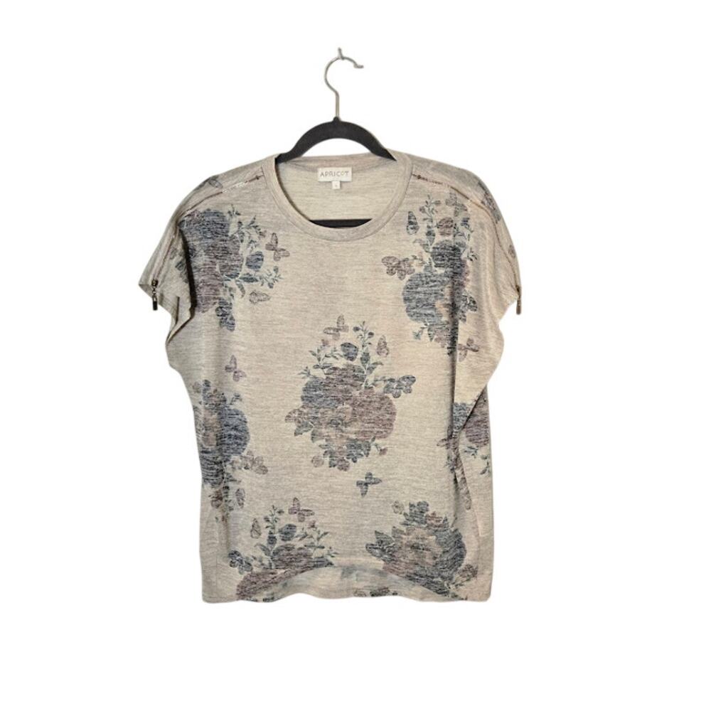 Apricot Womens Floral Boxy Top Size Small Tan Cap Sleeve Zipper Detail Boho